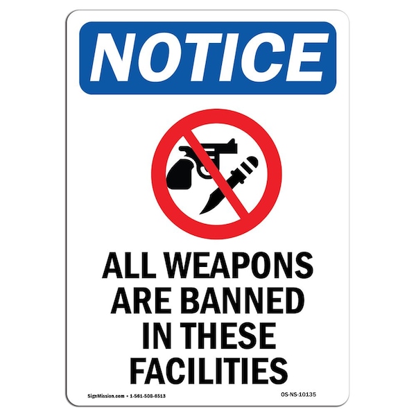 Sign, 5" H, All Weapons Are Banned Sign With Symbol, Portrait, NS-D-35-V-10135-10PK